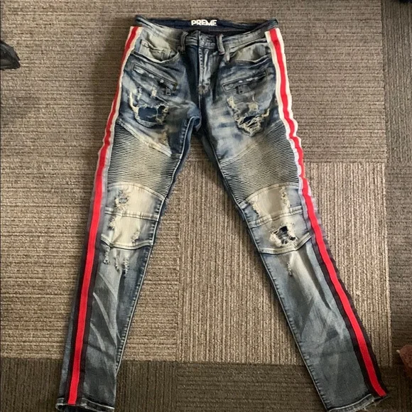 Buckle Distressed Skinny Jeans with Red Stripe